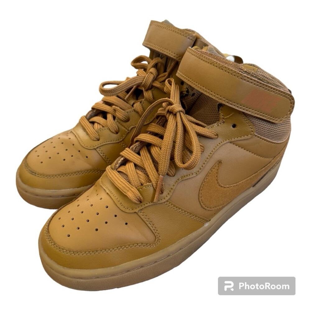 Nike Boys Court Borough Mid 2 Leather Sneakers Athletic Shoes Wheat Lt B…